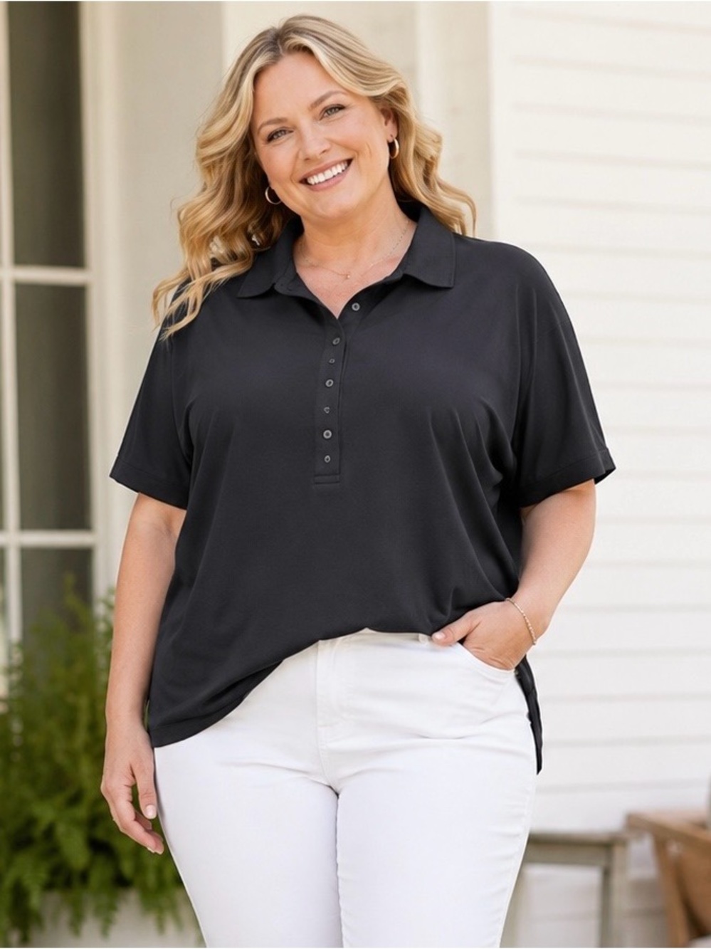 Athleta Womens Polo Shirt 3X Black Oversized Stretch Performance Athleisure